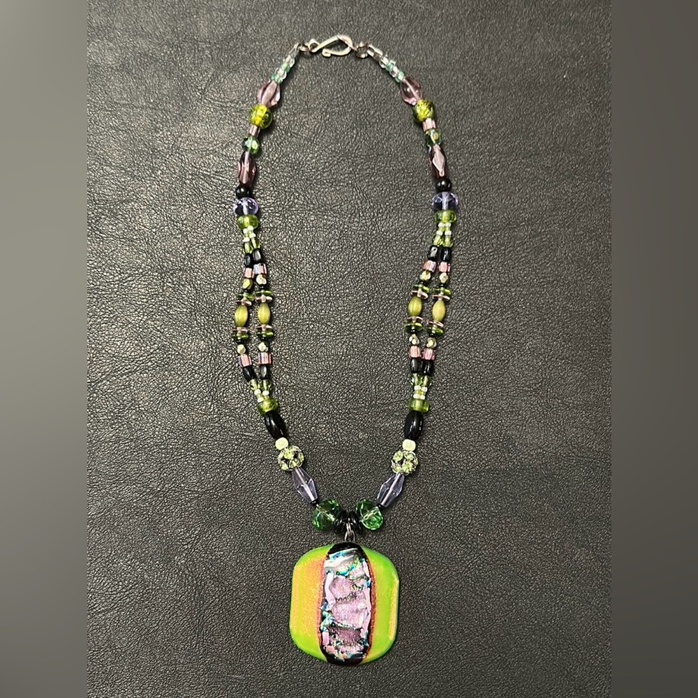 Dichroic Glass Pendant & Glass Beads Shepherd Hook Necklace